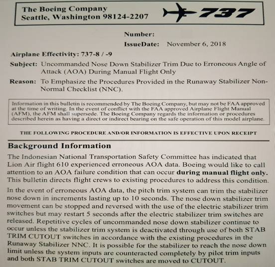 波音发布关于B737MAX的技术通告